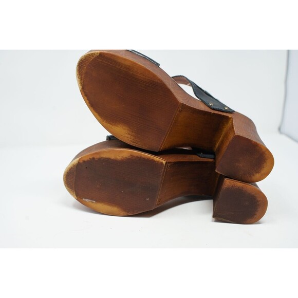 MUSSE & CLOUD 40 US9 Leiza Black Leather Sandals Wood Heel & Platform SPAIN - Picture 7 of 14